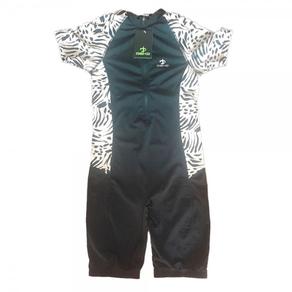 Deko Women Swimming Short Sleeves Suit (one piece) - Black with Black/Beige Pattern