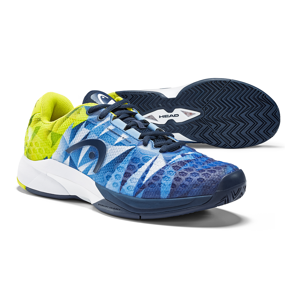 blue and yellow tennis shoes