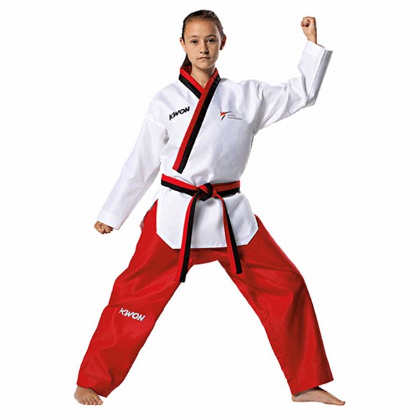 Kwon Poomsae Dobok (Poom Neck Black & Red) for Girls